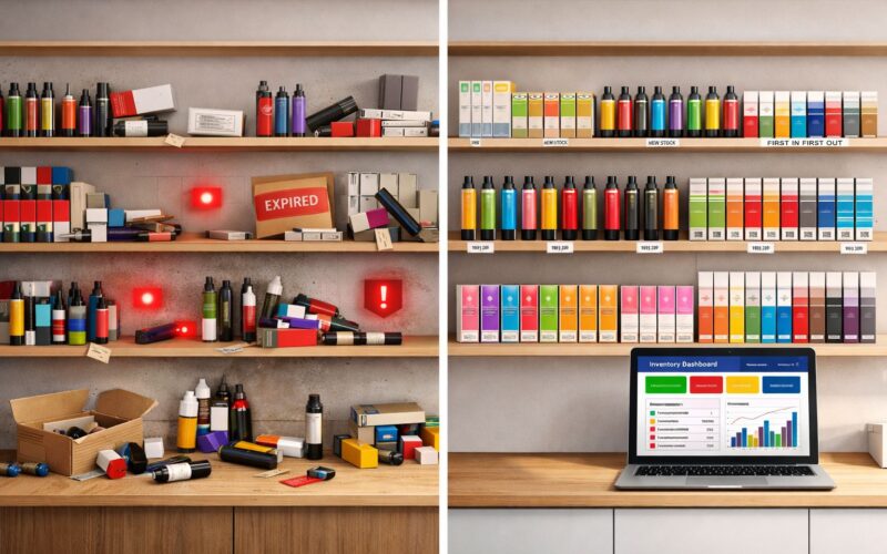 Retail buyer comparing 510 cartridges and all-in-one vapes for wholesale stocking