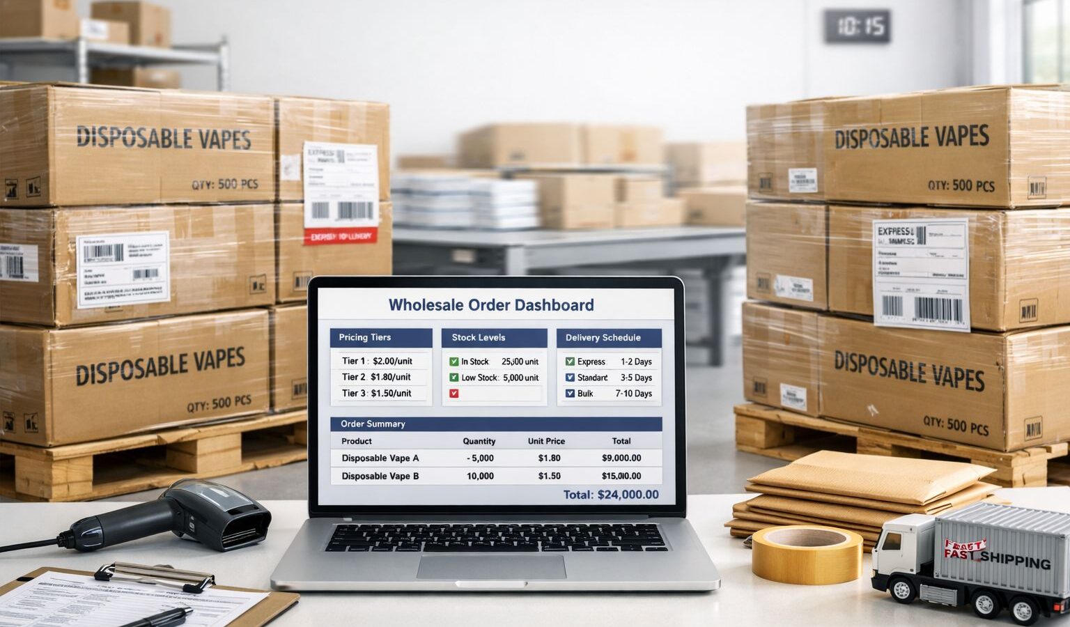 Retail buyer choosing disposable vapes wholesale UK stock from a trade supplier