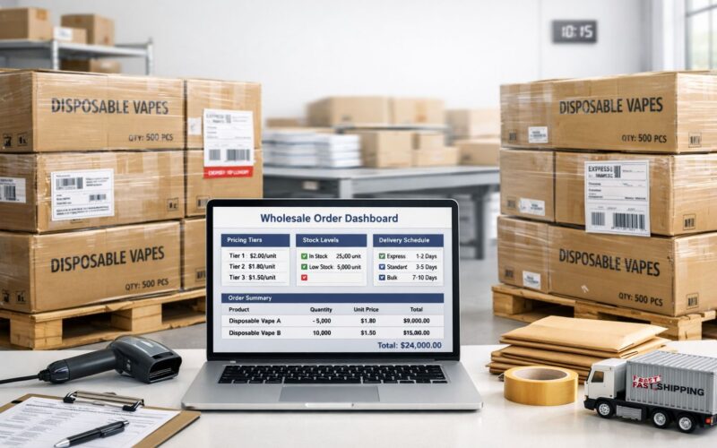 Retail buyer choosing disposable vapes wholesale UK stock from a trade supplier