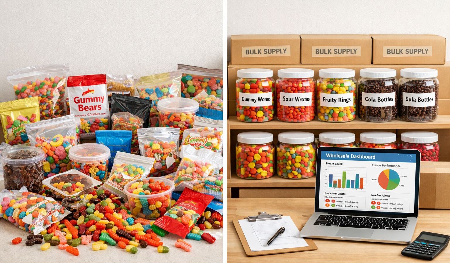 Retail buyer reviewing gummies wholesale UK stock and flavour options from a trade supplier