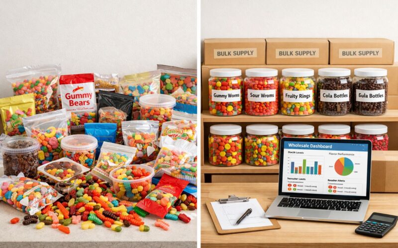 Retail buyer reviewing gummies wholesale UK stock and flavour options from a trade supplier