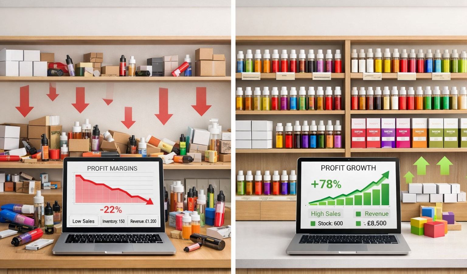 UK vape shop owner reviewing inventory and wholesale data to improve vape profit margin UK