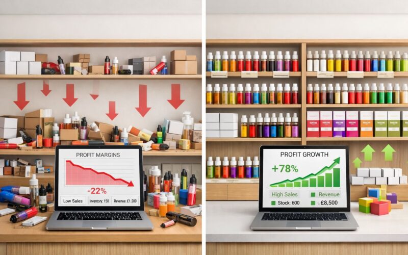 UK vape shop owner reviewing inventory and wholesale data to improve vape profit margin UK