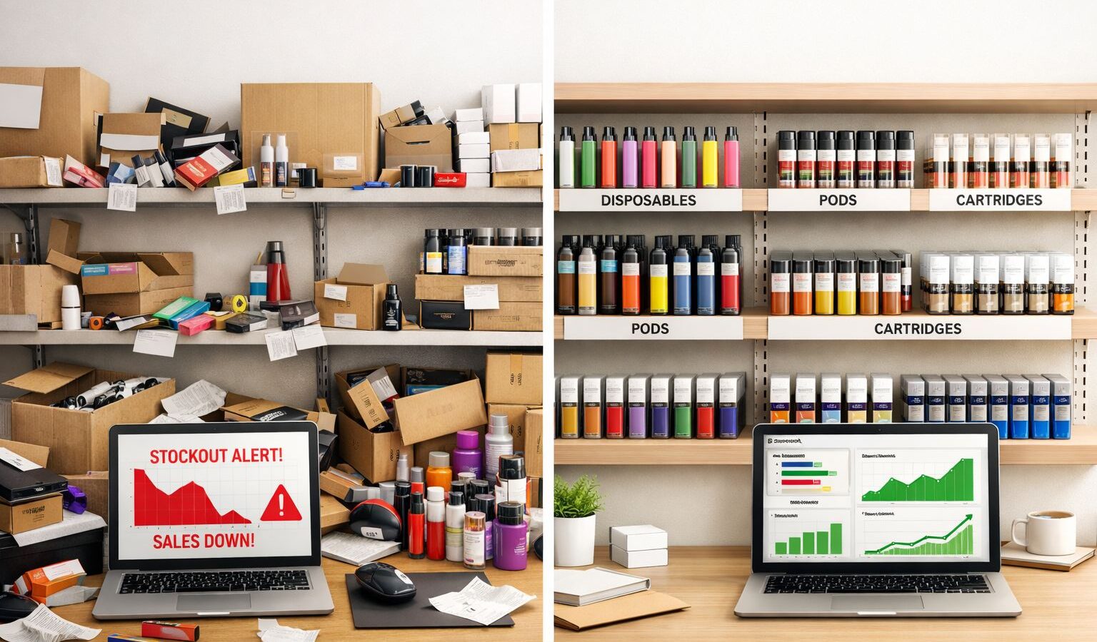 Vape shop inventory management system with labelled shelves barcode scanning and reorder dashboard
