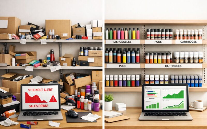 Vape shop inventory management system with labelled shelves barcode scanning and reorder dashboard