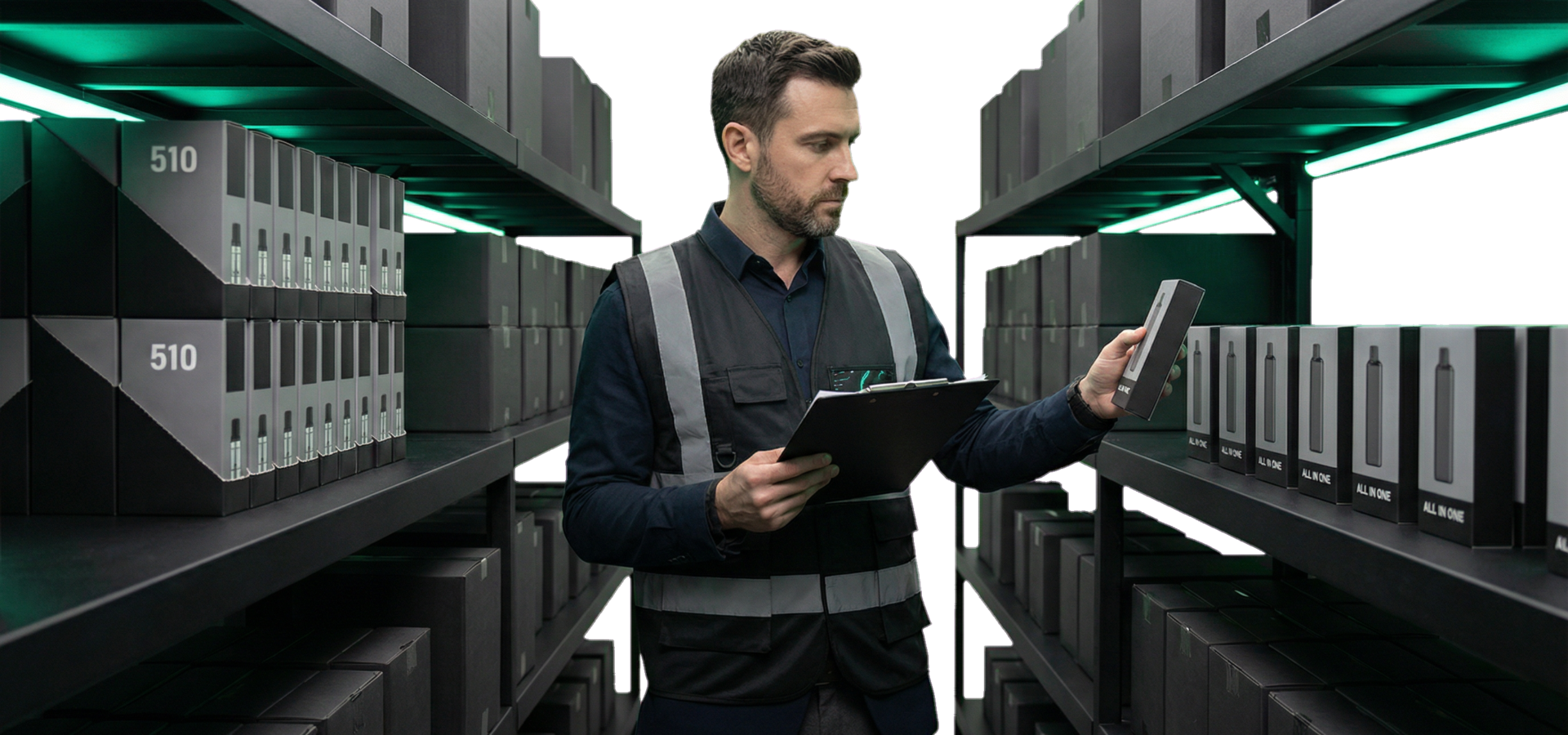 THC vapes wholesale UK buyer comparing cartridges and all-in-one devices in bulk inventory