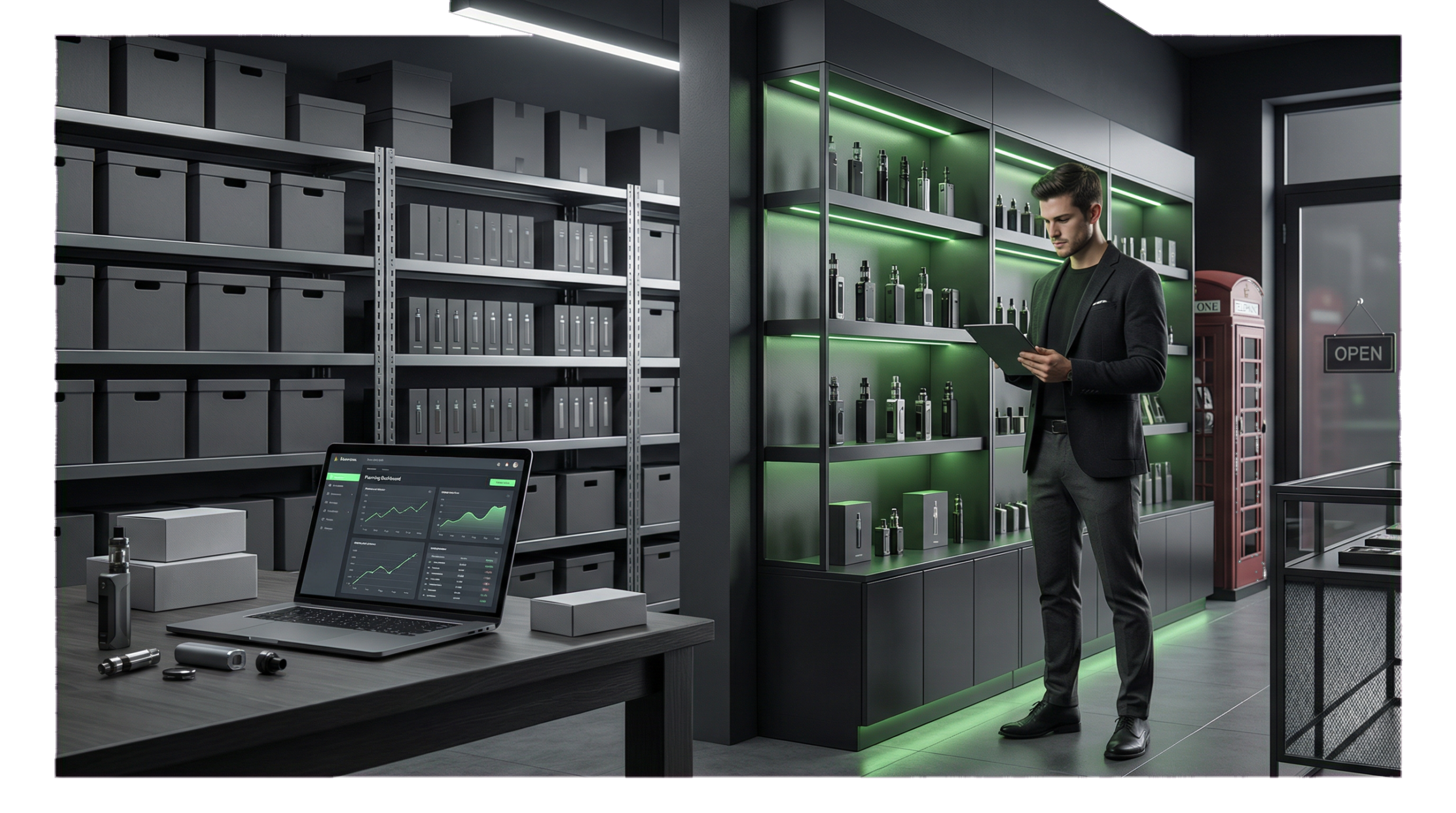 UK vape shop owner reviewing inventory and wholesale data to improve vape profit margin UK